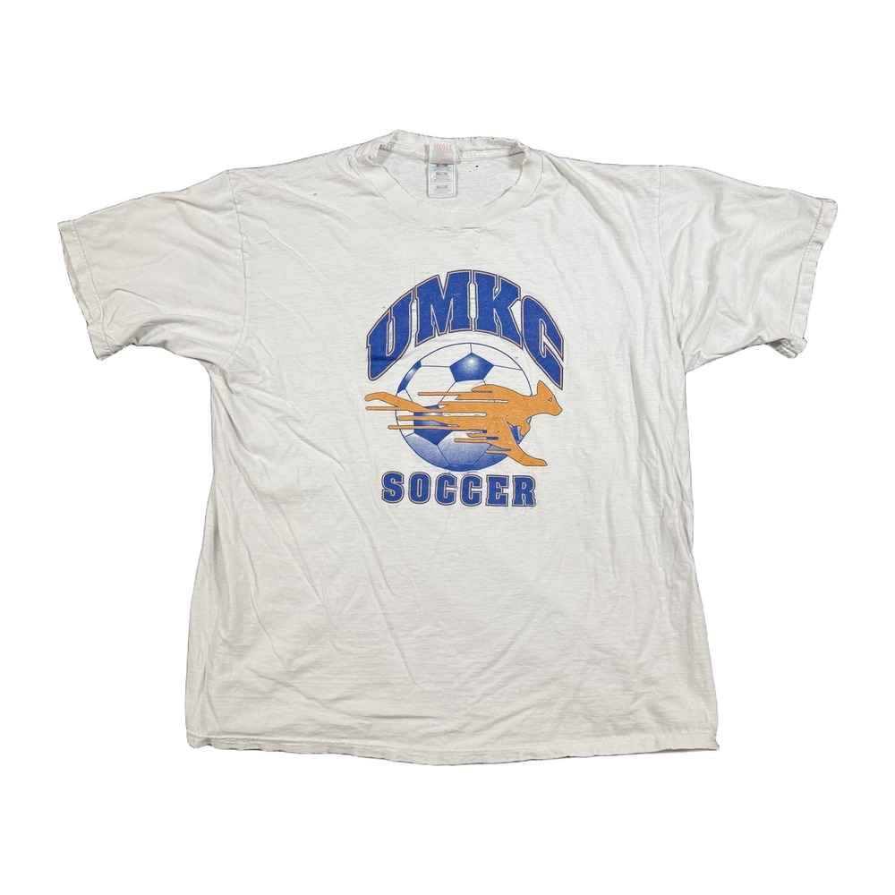 Vintage Fruit of the Loom UMKC Soccer T-Shirt Mens XXL White Distressed USA Made